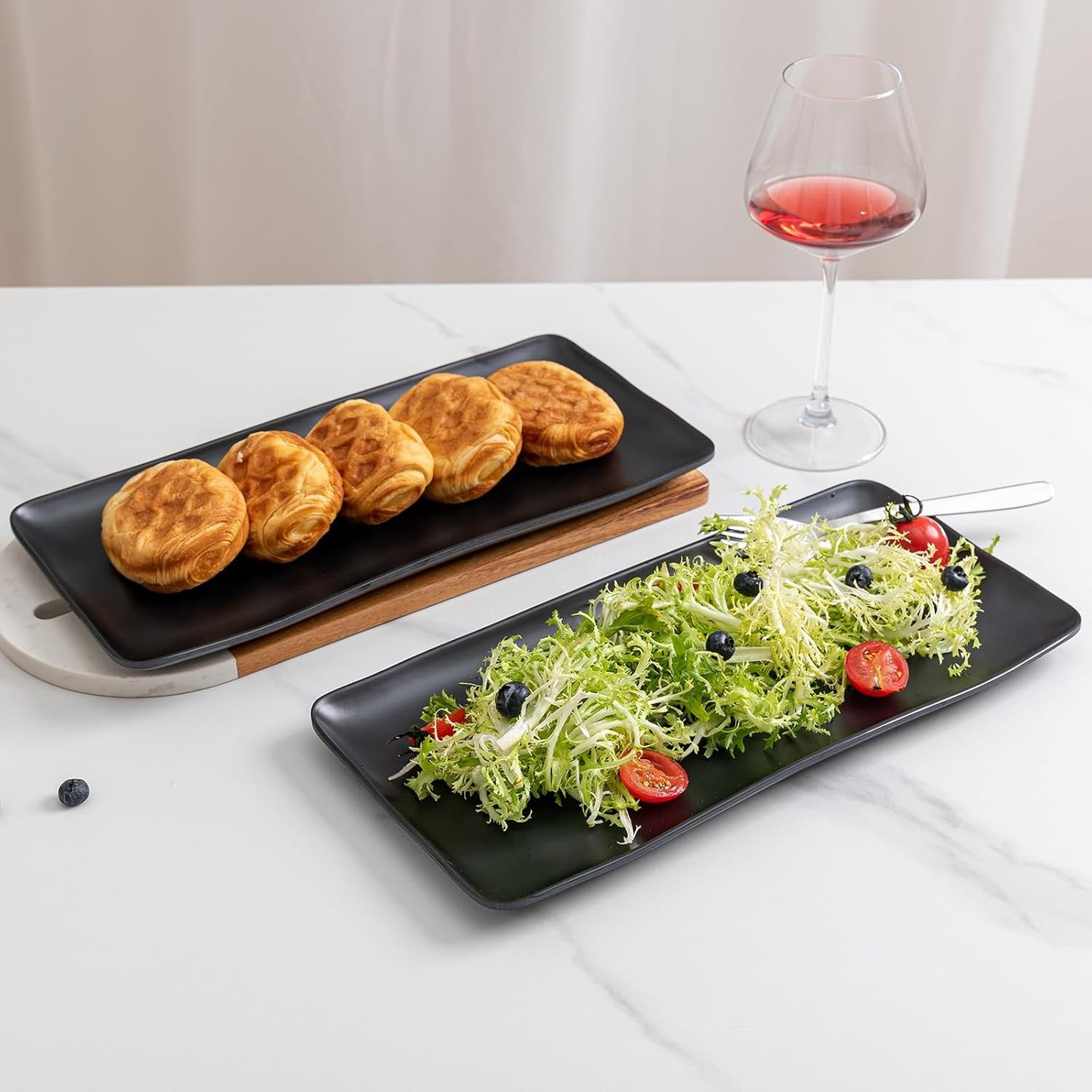Chip & Dip Serving Tray Set, 4 Sectional Round Melamine Serving Platter, Relish Tray, Round Compartment Appetizer platter for Veggies, Candy and Snacks, Matte Black, Set of 2