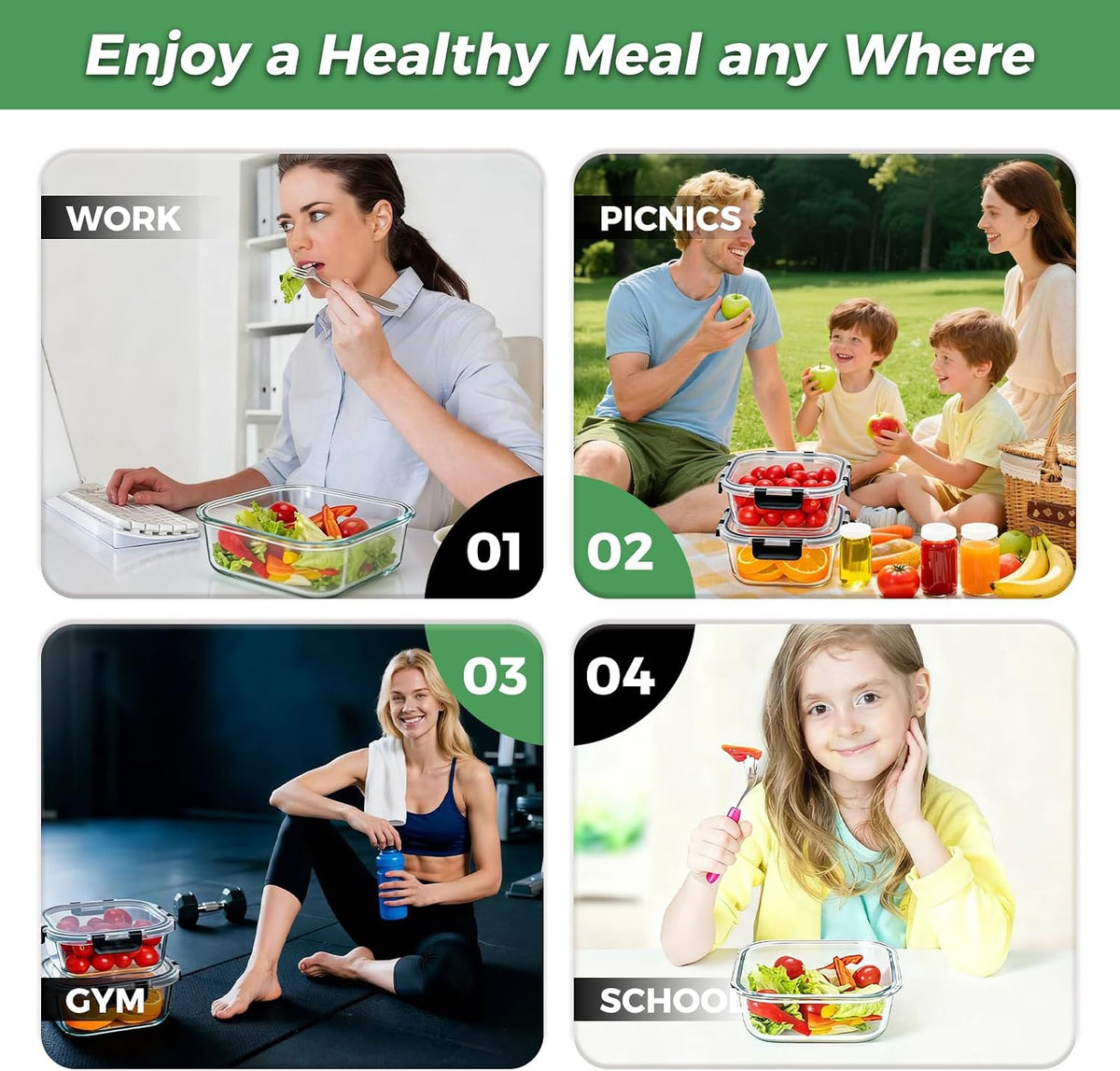 27 oz Glass Food Storage Containers with lids, 4 Pack Square Sandwich Containers/Box for Meal Prep, 3.3 Cup Glass Meal Prep Containers, Microwave, Oven, Freezer and Dishwasher, BPA-free