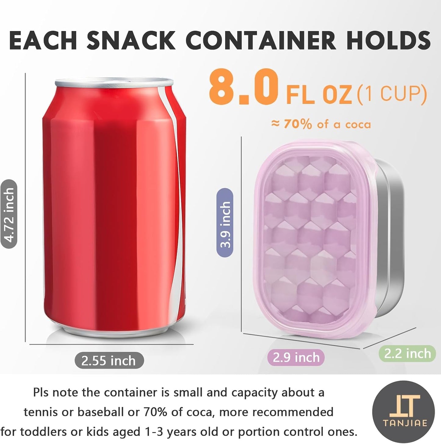 Tanjiae Small (1 CUP) Stainless Steel Snack Containers for Kids | Easy Open Leak Proof Food Containers with Silicone Lids - Perfect Metal Toddler Lunch Box for Daycare and School (8oz)