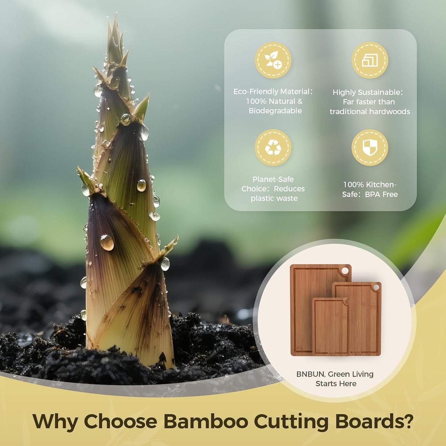 Bamboo Cutting Board for Kitchen, 3-Piece Set with Juice Grooves, Side Handles & Non-Slip Mats – Durable Bamboo Chopping Board for Meat, Vegetables and Fruits