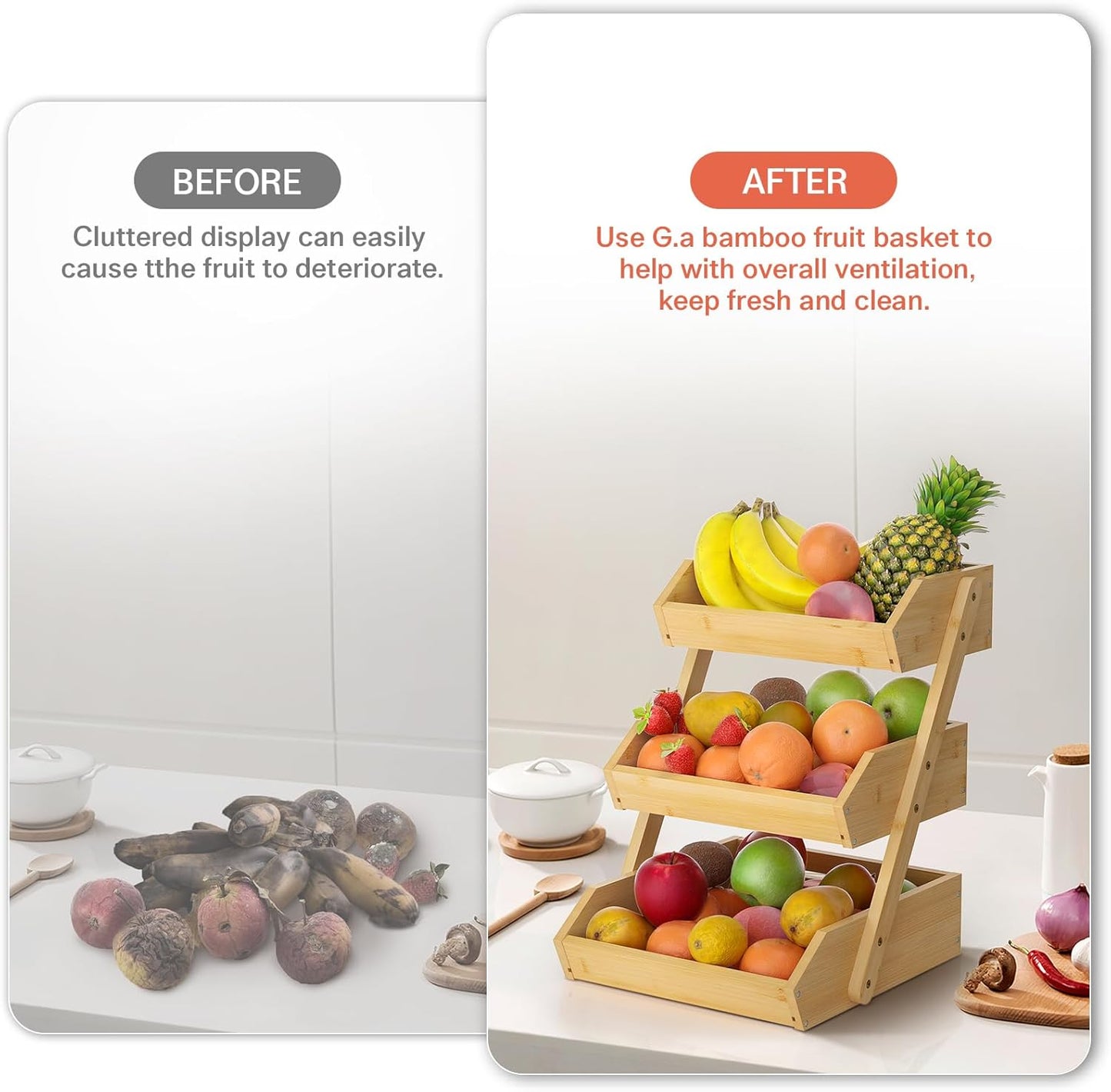 G.a HOMEFAVOR Large Bamboo Fruit Basket, 2-Tier Fruit Bowl for Kitchen Counter, Vegetable Storage Stand for Fruit Shop, 15 mm Thickness (Self-assembly)