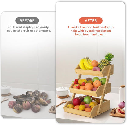 G.a HOMEFAVOR Large Bamboo Fruit Basket, 2-Tier Fruit Bowl for Kitchen Counter, Vegetable Storage Stand for Fruit Shop, 15 mm Thickness (Self-assembly)