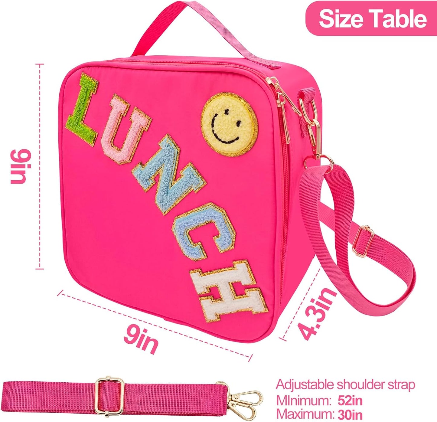 Insulated Lunch Bag With Adjustable Shoulder Strap, Nylon Preppy Lunch Box Large Insulated Lunch Bag Reusable Lunch Tote Bag with Smiley Preppy LunchBag for Girls School Travel Picnic (Green)