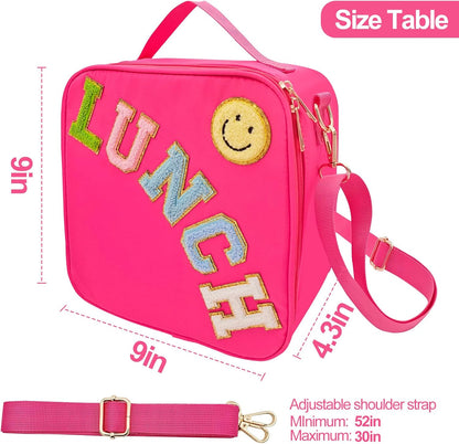 Insulated Lunch Bag With Adjustable Shoulder Strap, Nylon Preppy Lunch Box Large Insulated Lunch Bag Reusable Lunch Tote Bag with Smiley Preppy LunchBag for Girls School Travel Picnic (Green)