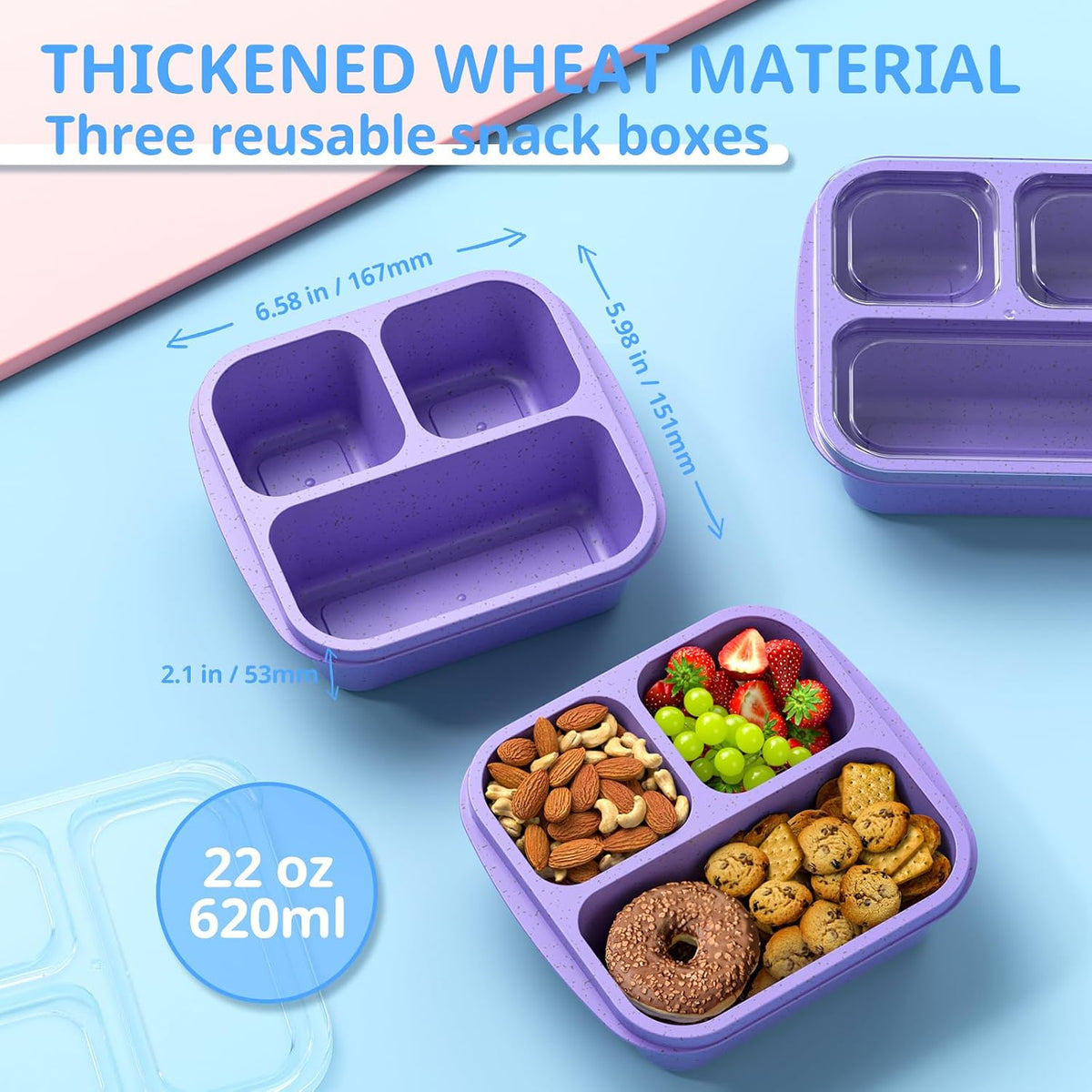 Snack Boxes (3 Pack) - Stackable Bento Boxes with 3 Compartments, Meal Prep Containers Reusable, Lightweight Lunch Containers for Kids and Adults, BPA Free (Blue)