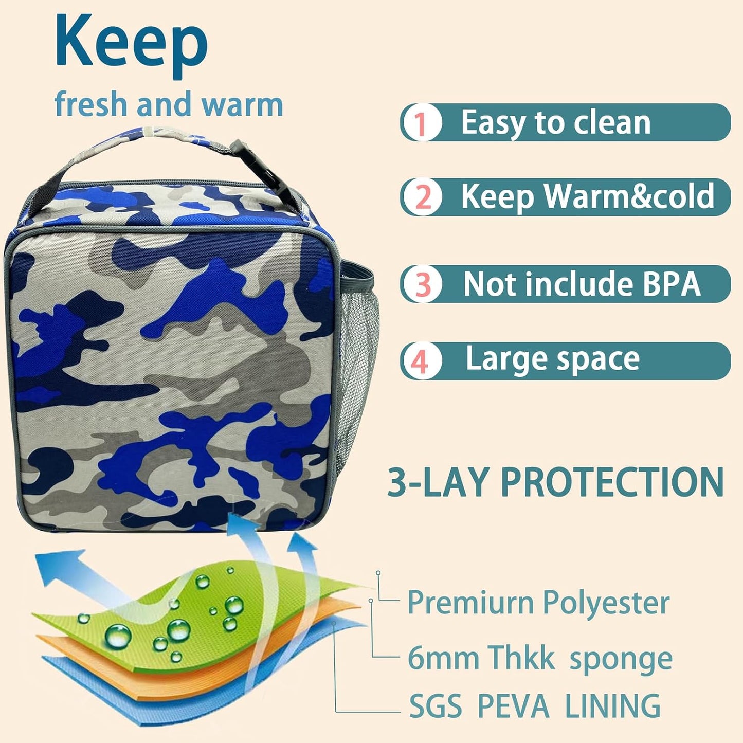 Kulle Astronaut Lunch Box for Boys, Insulated Kids Lunch Bag with Freezable Compartment, Thermal Reusable Lunchbox for School, Outdoor, Daycare - Space Theme Design