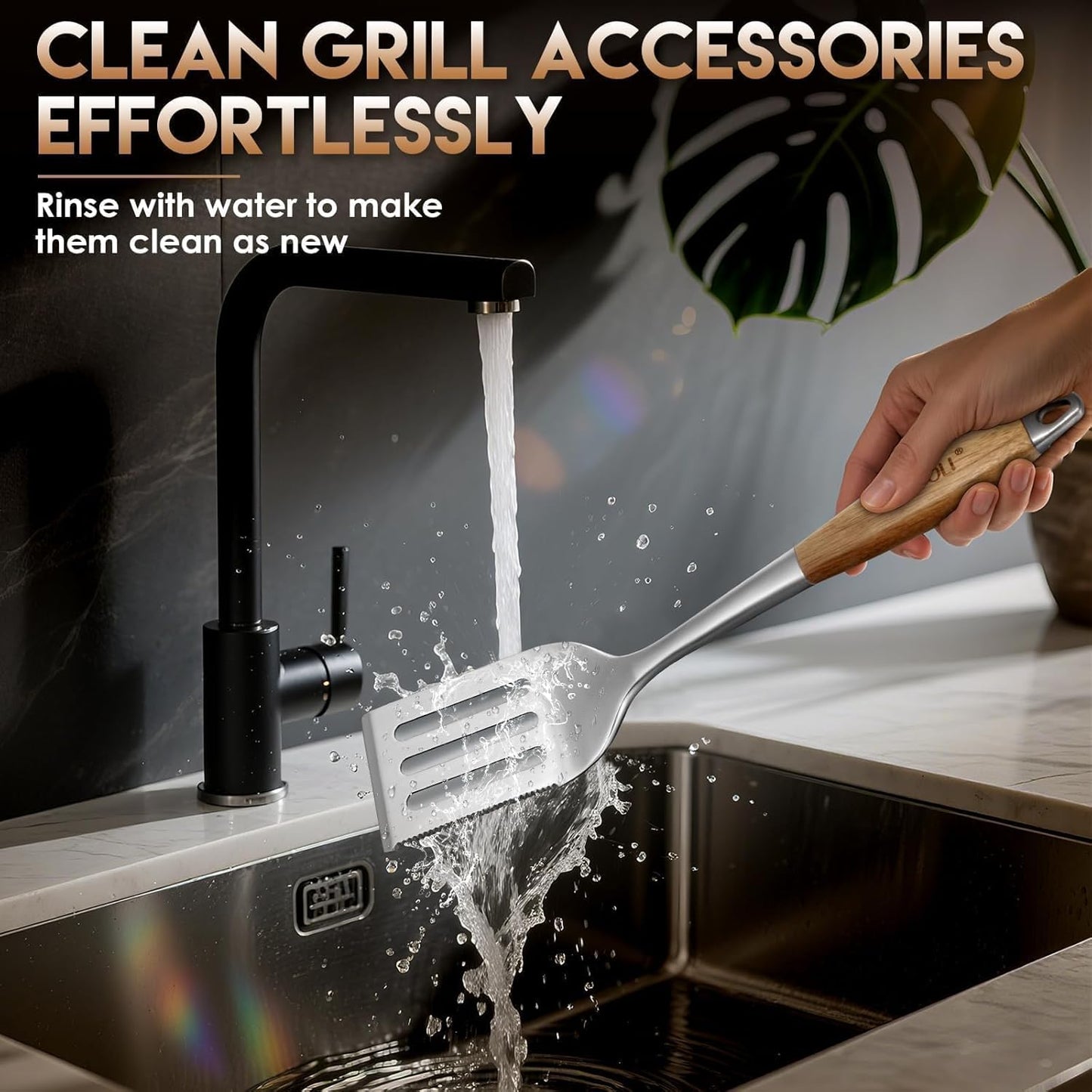 TIVOLI 4PCS Grilling Accessories, Heavy Duty BBQ Tool Set with Stainless Steel Spatula, Tongs, Fork, Cleaning Brush, Wood Handles Barbecue Utensils Kit for Outdoor, Perfect Grill Gifts for Dad Men