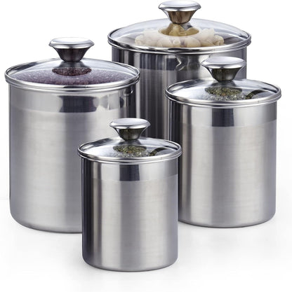 Cooks Standard Classic Stainless Steel Food Jar Storage Canister Set Medium, Airtight Containers with Glass Lid for Tea Coffee Sugar Flour Pantry Kitchen Counter, 4-Piece
