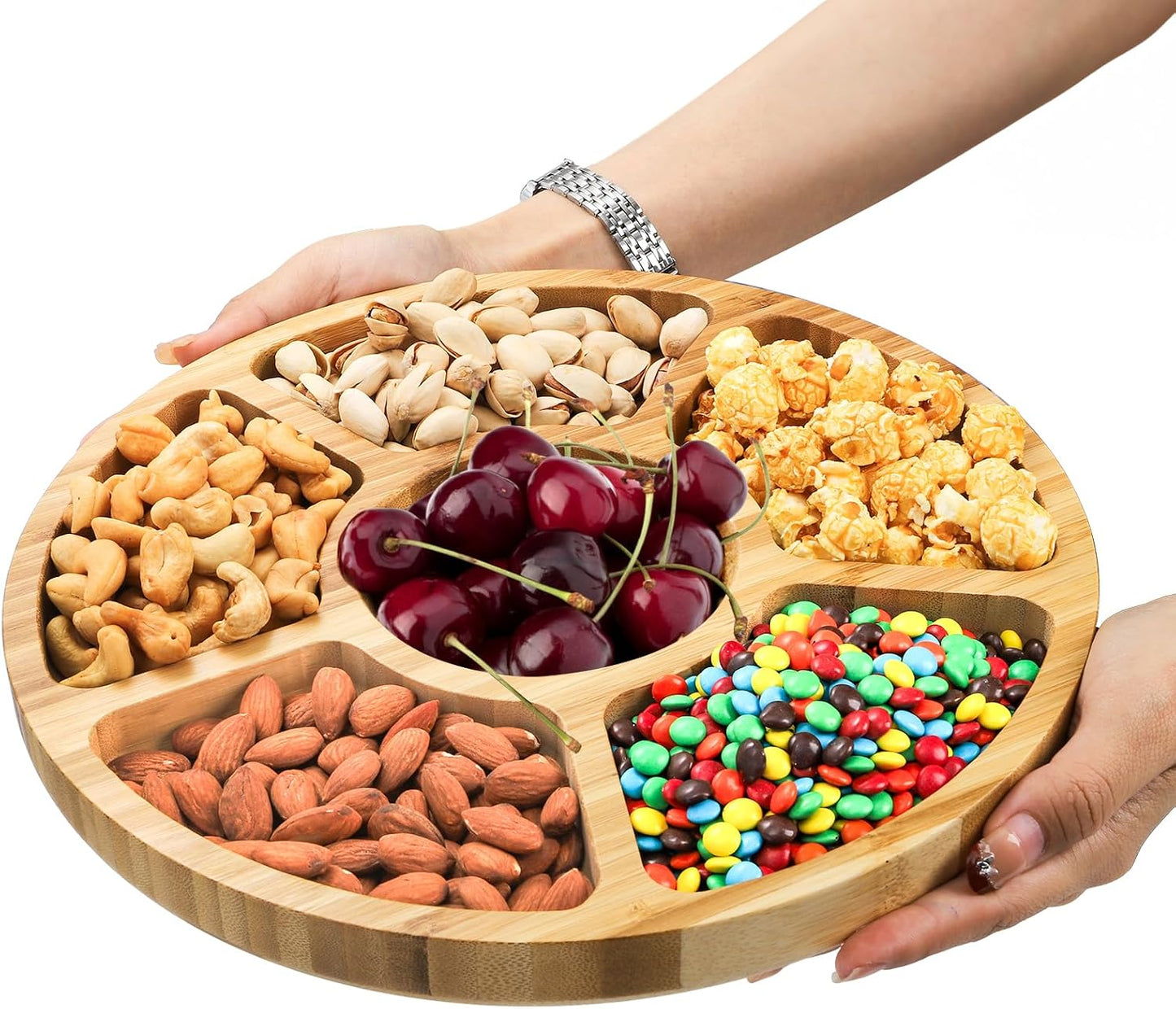 Dicunoy Divided Serving Dish Tray, 13'' Bamboo Rotatable Veggie Fruit Platter, Lazy Susan Relish Sectional Snack Container Bowls with 6 Compartments for Candy, Appetizer, Nuts, Parties