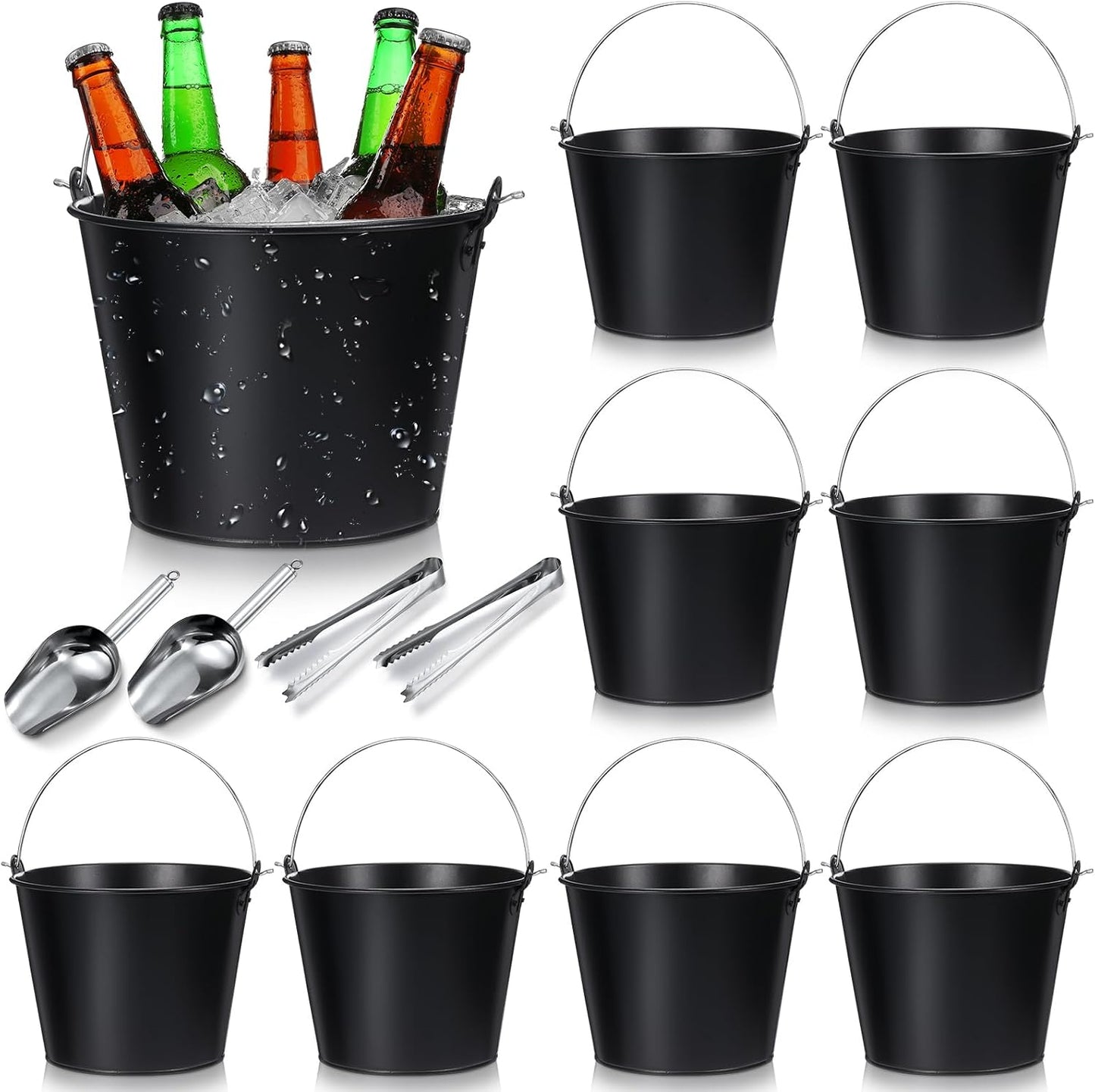 Zopeal 12 Pcs Galvanized Beer Bucket Set, Includes 8 Metal Ice Buckets 5qt with 2 Scoops & 2 Tongs, Round Slive Pails Bulk for Weddings Birthday Beach Pool Party Supplies Summer Table Centerpieces