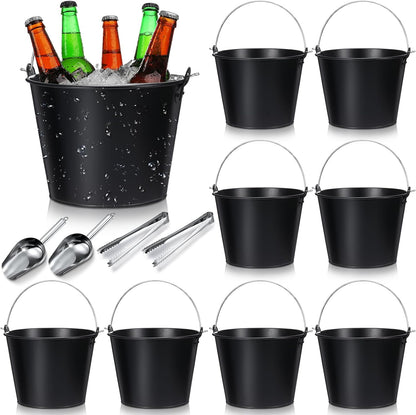 Zopeal 12 Pcs Galvanized Beer Bucket Set, Includes 8 Metal Ice Buckets 5qt with 2 Scoops & 2 Tongs, Round Slive Pails Bulk for Weddings Birthday Beach Pool Party Supplies Summer Table Centerpieces