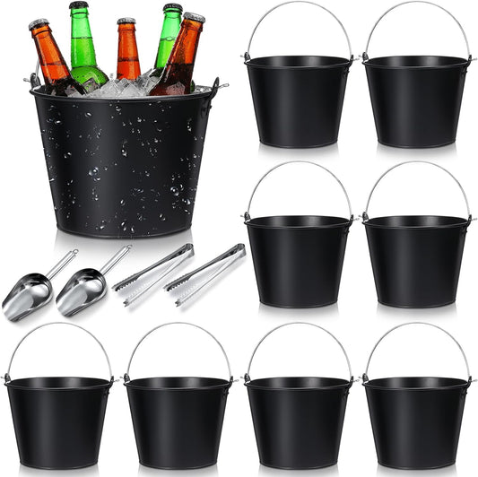 Zopeal 12 Pcs Galvanized Beer Bucket Set, Includes 8 Metal Ice Buckets 5qt with 2 Scoops & 2 Tongs, Round Slive Pails Bulk for Weddings Birthday Beach Pool Party Supplies Summer Table Centerpieces