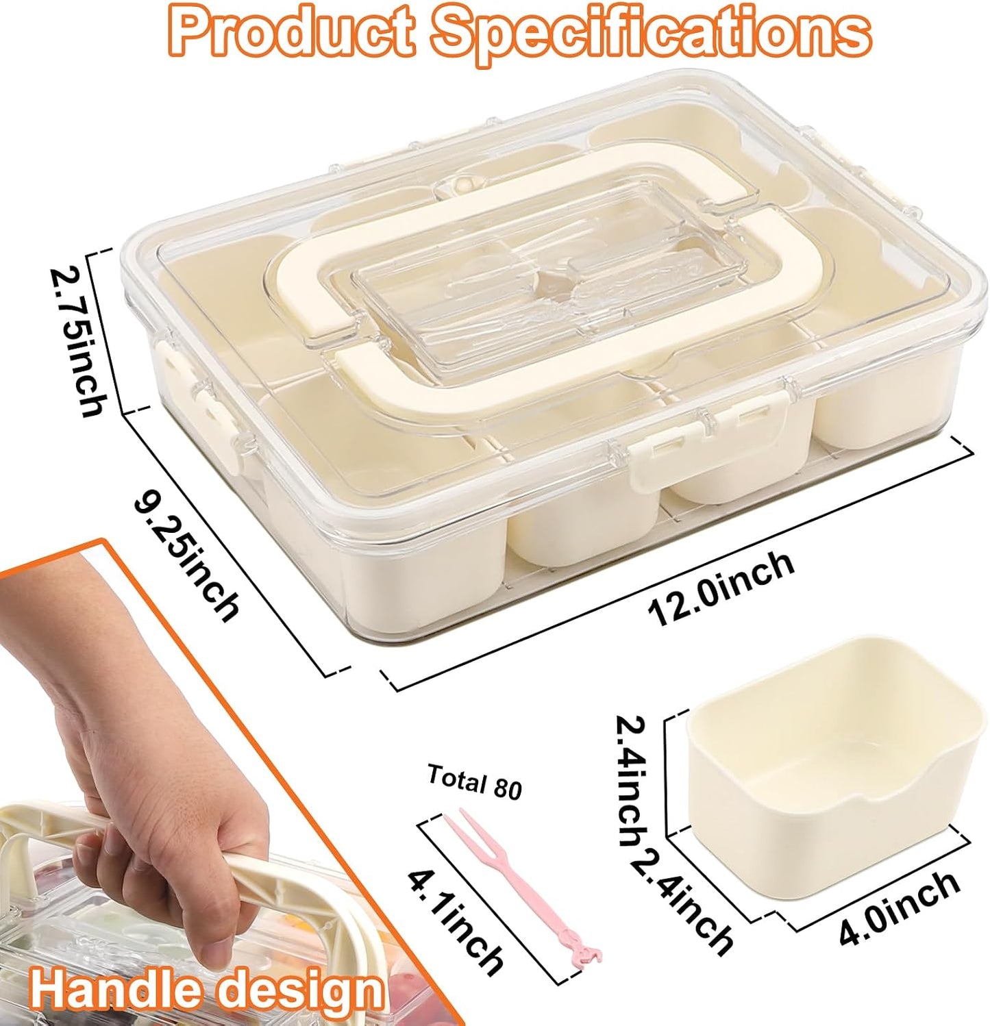 Divided Serving Tray with Lid and Handle, Portable Snackle Box with 8 Compartments & 8 Fruit Forks & 2 Spoons, Charcuterie Container for Party, Entertaining, Picnic, 1 Pack