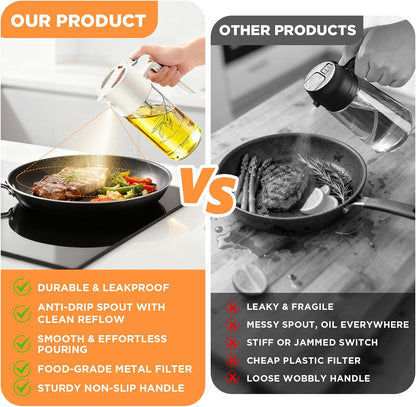 PLAPITATE 17oz/500ml Premium Olive Oil Sprayer for Cooking, 2 in 1 Glass Olive Oil Dispenser Bottle for Kitchen Gadgets, Spray Bottle with Portion Control for Salad, Frying, BBQ (Black)