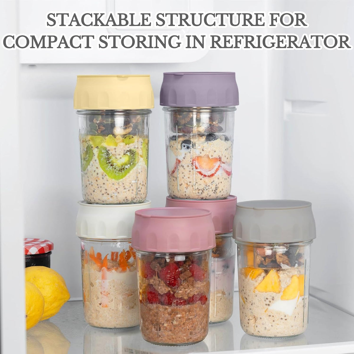 SOLIGT 4 Pack Overnight Oats Containers with Lids, Folding Spoons and Divided Compartments for Fruit & Nuts, Small Glass 16oz Mason Jars for Oatmeal (4 Set-Oat White/Green/Rose/Blue)
