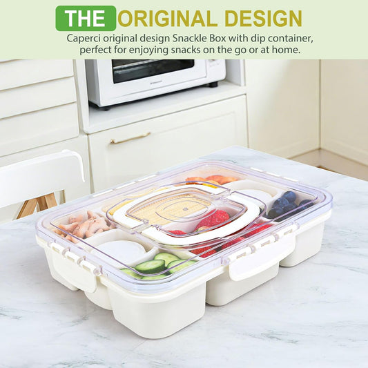 Caperci Snackle Box Container with 2 Sauce Cups - Large 8-Compartment Divided Serving Tray with Lid & Handle, Portable Snack Tray for Travel, Hold 10 Cups, Leak-Proof, Dishwasher Safe, BPA-Free