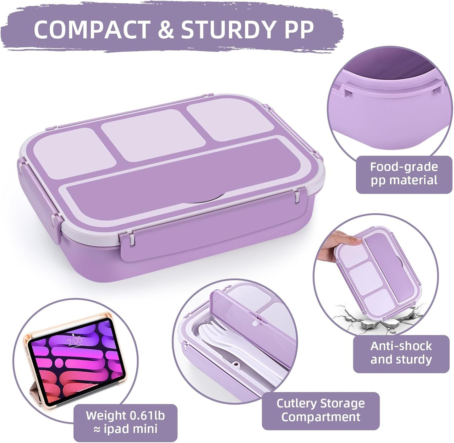 QQKO Bento Lunch Box for Kids Girls Boys, Toddler Kids Lunch Boxes for School, Lunch Containers for Adults with 4 Compartments, Sauce Container, Utensils, Food Picks and Muffin Cups, Purple