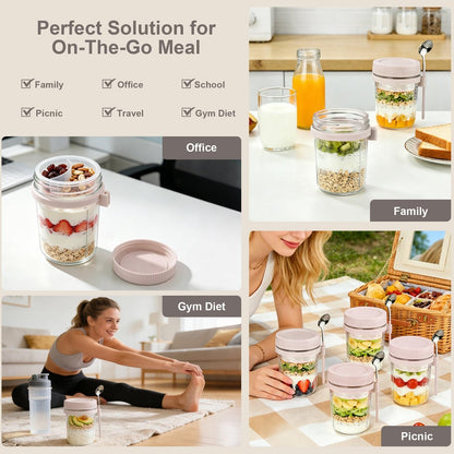 Overnight Oats Containers with Lids and Spoons - 4 Pack 16 oz Glass Mason Jars with Separate Compartments Airtight Overnight Oat Jars Leakproof Yogurt Parfait Cup for Oatmeal Chia Pudding Cereal Salad