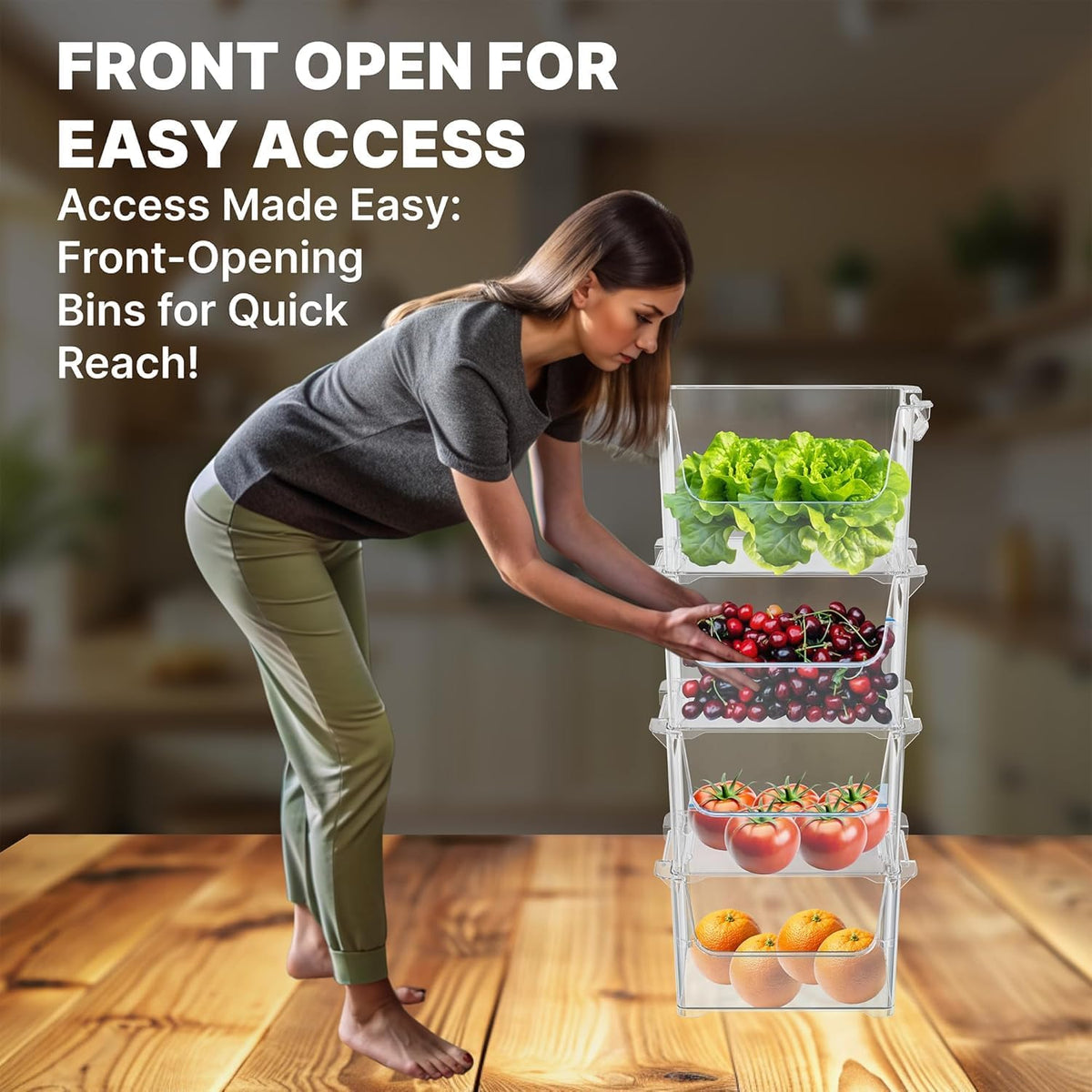 Stackable Storage Bins Open Front with Side Handles, 4 Pack - Clear | Sturdy Plastic, Easy Stacking Bins for Pantry, Closet, Kids Room & Art Studio Organization