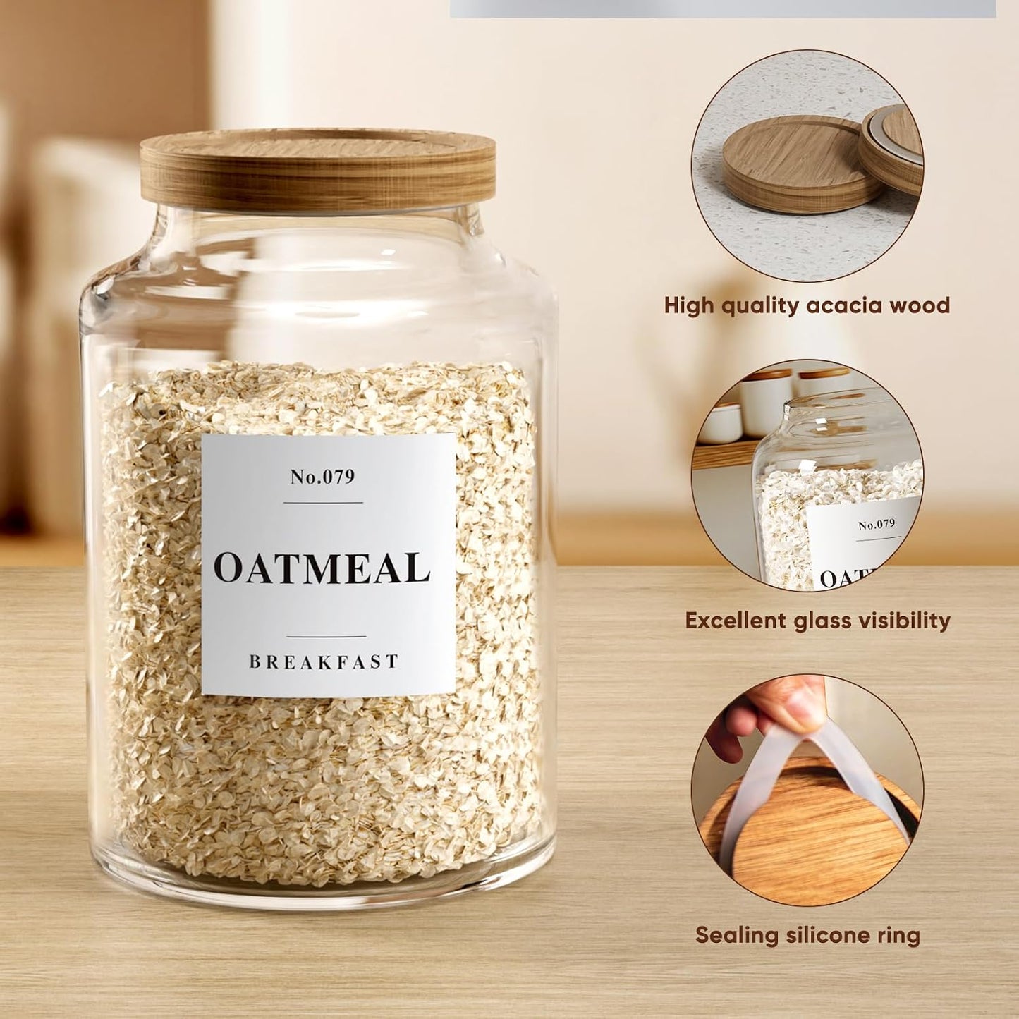 2 PCS Flour Sugar Storage Containers Glass Jar, 4000ml/1 Gallon/4.2 Qt/135oz,Large Glass Food Storage Jars with Wood Airtight Lids,for Tea,Spice,Cereal Rice Flour Pasta Sugar