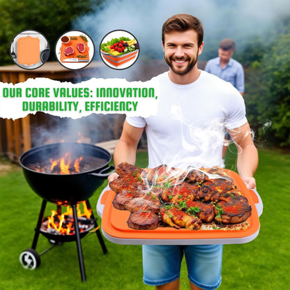 Collapsible BBQ Prep Tub with Lid & Cutting Board 16L - XL Meat Marinating Basin & Grill Carry System - 5pc Set with Heat Resistant Gloves, Basting Brush & Spatula (Black, Large, 16L)
