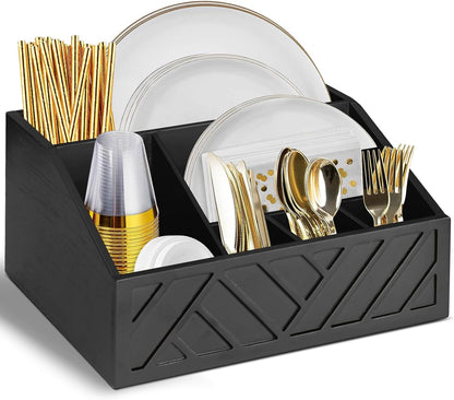 Ukonvi Paper Plate Dispenser, Paper Plate Holder for Kitchen Counter, Wood Rustic Silverware Utensil Caddy, Cutlery Flatware Organizer Box for Cups Spoons Forks Plates Napkins, Kitchen Accessories