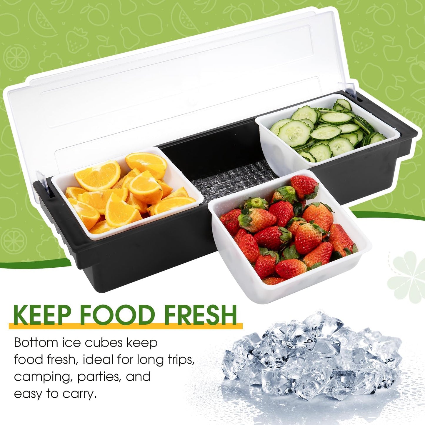 Ice Cooled Condiment Serving Container Fruit Veggie Condiment Caddy Plastic Garnish Station with Lid for Fruit,Ice Cream,Salad Bar-Topping Organizer for Restaurant Supplies (3 Compartments)