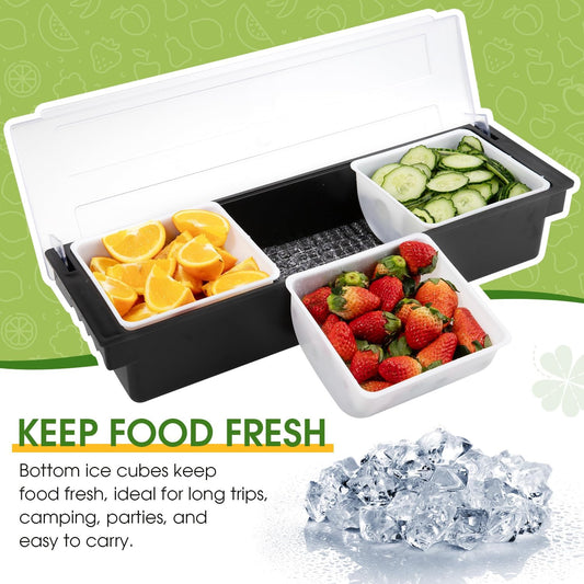 Ice Cooled Condiment Serving Container Fruit Veggie Condiment Caddy Plastic Garnish Station with Lid for Fruit,Ice Cream,Salad Bar-Topping Organizer for Restaurant Supplies (3 Compartments)