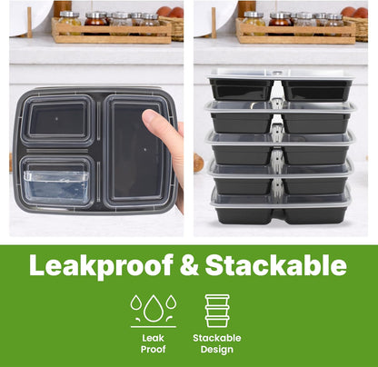 Uni-Pak 50 Pack (100-Piece) Meal Prep Containers with Lids, Reusable 3-Compartment 24 oz BPA-Free Food Storage, Sturdy Leakproof & Food Safe, Microwave Freezer Dishwasher Safe