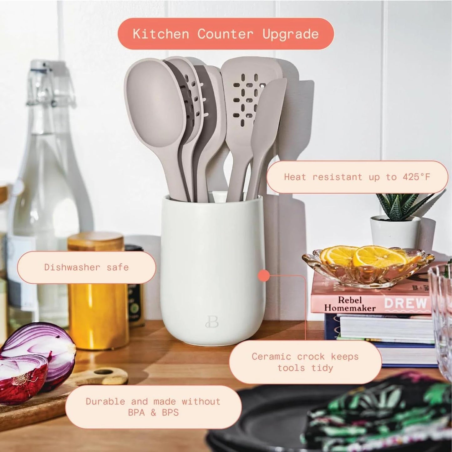 6 Piece Silicone Kitchen Utensil Set with Holder, Heat Resistant Cooking Tools, Nonstick Safe Spatula Spoon Turner Set with Ceramic Storage Crock