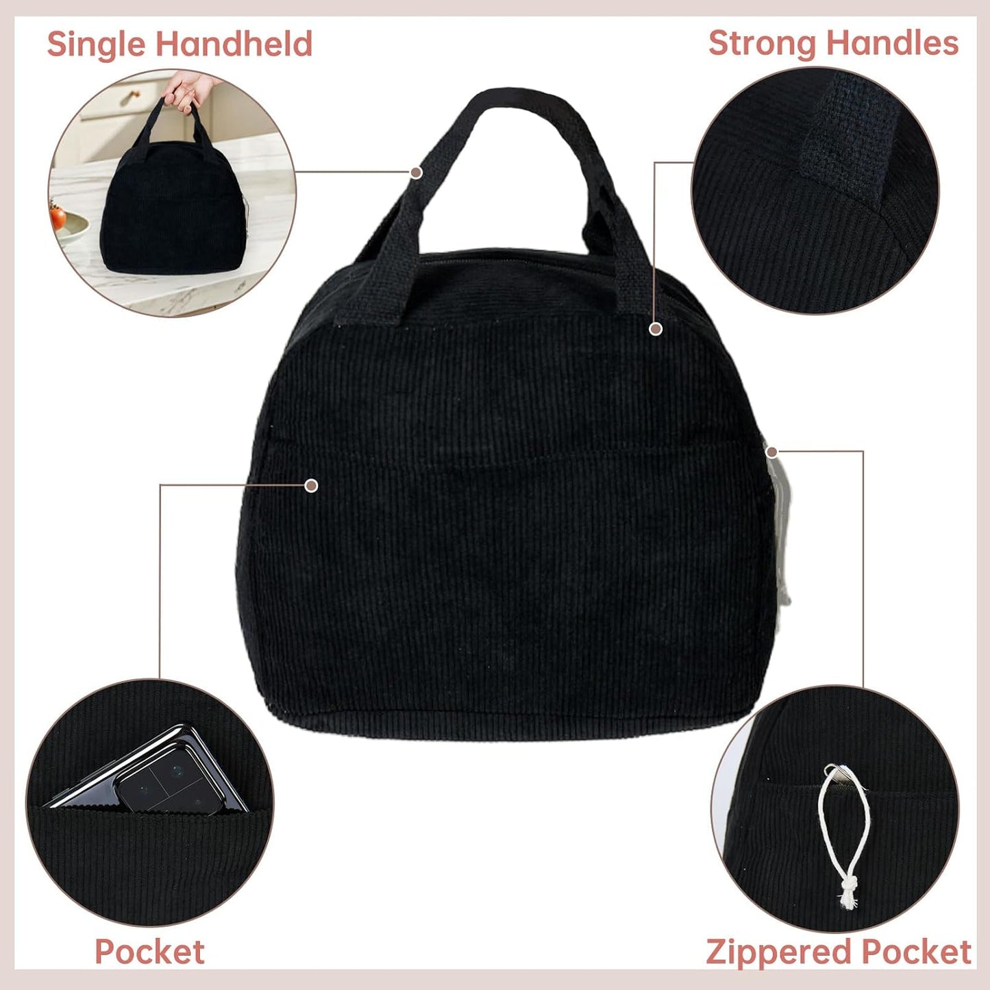 Lunch Bag for Women Men Girl,Large Cute Corduroy Lunch Tote Bags - Reusable Insulated Lunch Box for women with Handle, Leakproof WaterProof Design for Office, School, Work,Picnic.