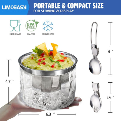 LIMOEASY Chilled Dip Bowl (4 Pack), 25oz Ice Serving Bowl with Lid for Parties, Cold Serving Dish for Hummus, Salsa, Guacamole, Sauces, Pasta