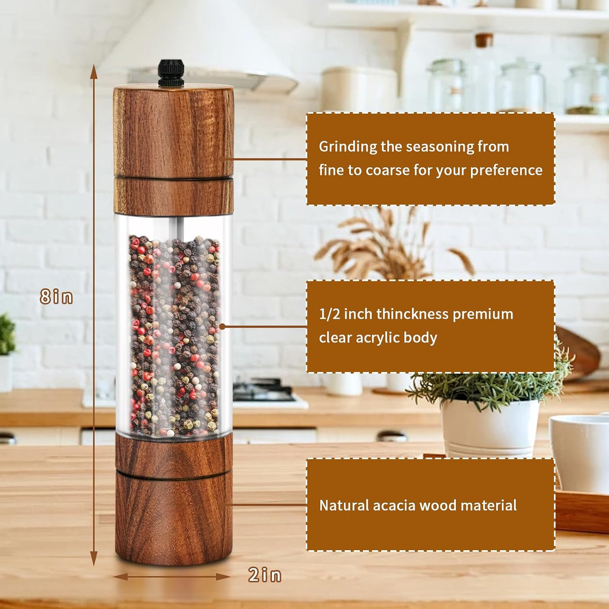 XWXO Salt and Pepper Grinder Set -8 Inches-Pack of 2 Premium Acrylic Manual