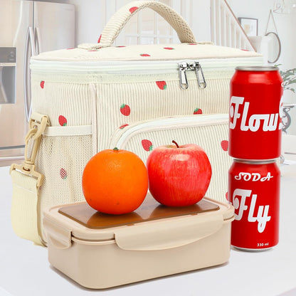 FlowFly Insulated Reusable Lunch Bag Adult Large Lunch Box for Women and Men with Adjustable Shoulder Strap,Front Zipper Pocket and Dual Large Mesh Side Pockets,Cherry - Colors A