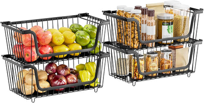 4 Pack Stackable Wire Baskets with Handles for Pantry Organizers and Storage, Fruit and Vegetable wire storage baskets, Potato and Onion Storage Bin, Metal Baskets for Organizing Snacks, Cans (White)