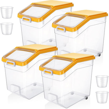 Sunnyray 4 Pcs Rice Storage Container 22 lb Airtight Flour Container with Wheels Measuring Cup Clear Pet Food Cube Dog Cat Birds Food Bin Grain Cereal Organizer Box for Dry Baking Supplies(White Lid)