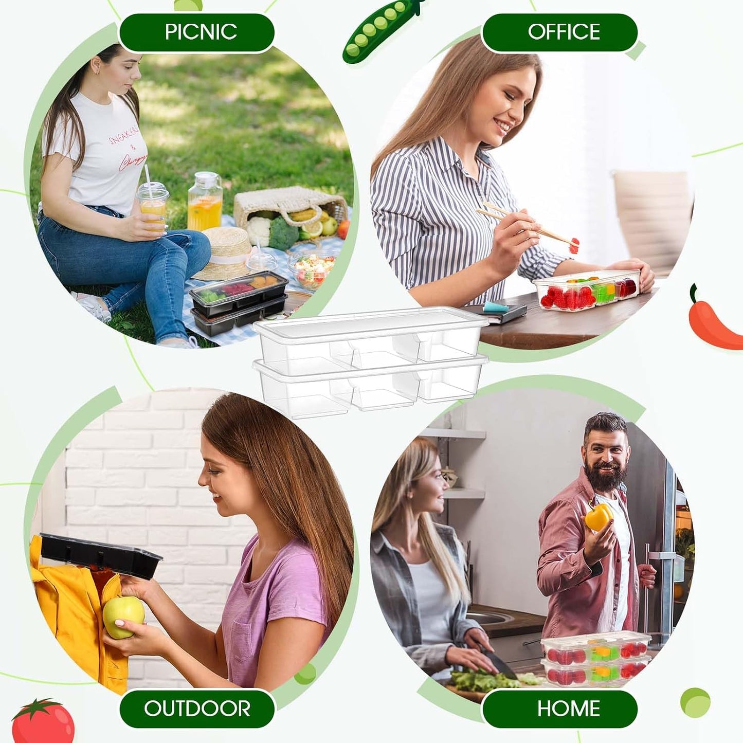 Hushee 10 Pack 17 oz Small Meal Prep Containers with 3 Compartments Snack Containers with Lid Disposable Plastic Bento Box Travel Lunch Food Boxes Stackable for Office Picnic (Black)