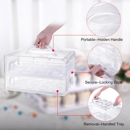 BTSKY 2 Tier Clear Plastic Cupcake Holder with Lid & Handles, Portable Cupcake Carrier for 24 Cupcakes, Stackable Cupcake Storage Container with Convenient Slot Tray Large Plastic Storage Box, White
