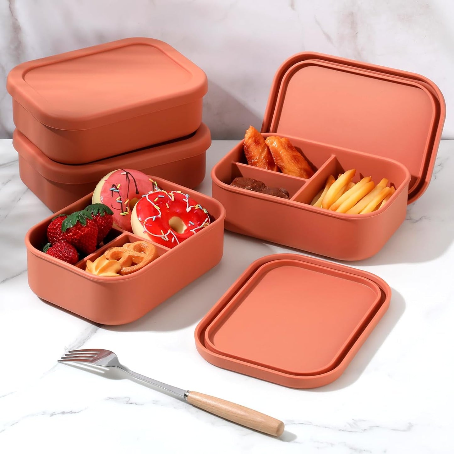 Honeydak 6 Pcs Silicone Bento Box Reusable Silicone Bento Lunch Container for Adults Microwave Dishwasher Freezer Safe 3 Compartment (Light Colors)