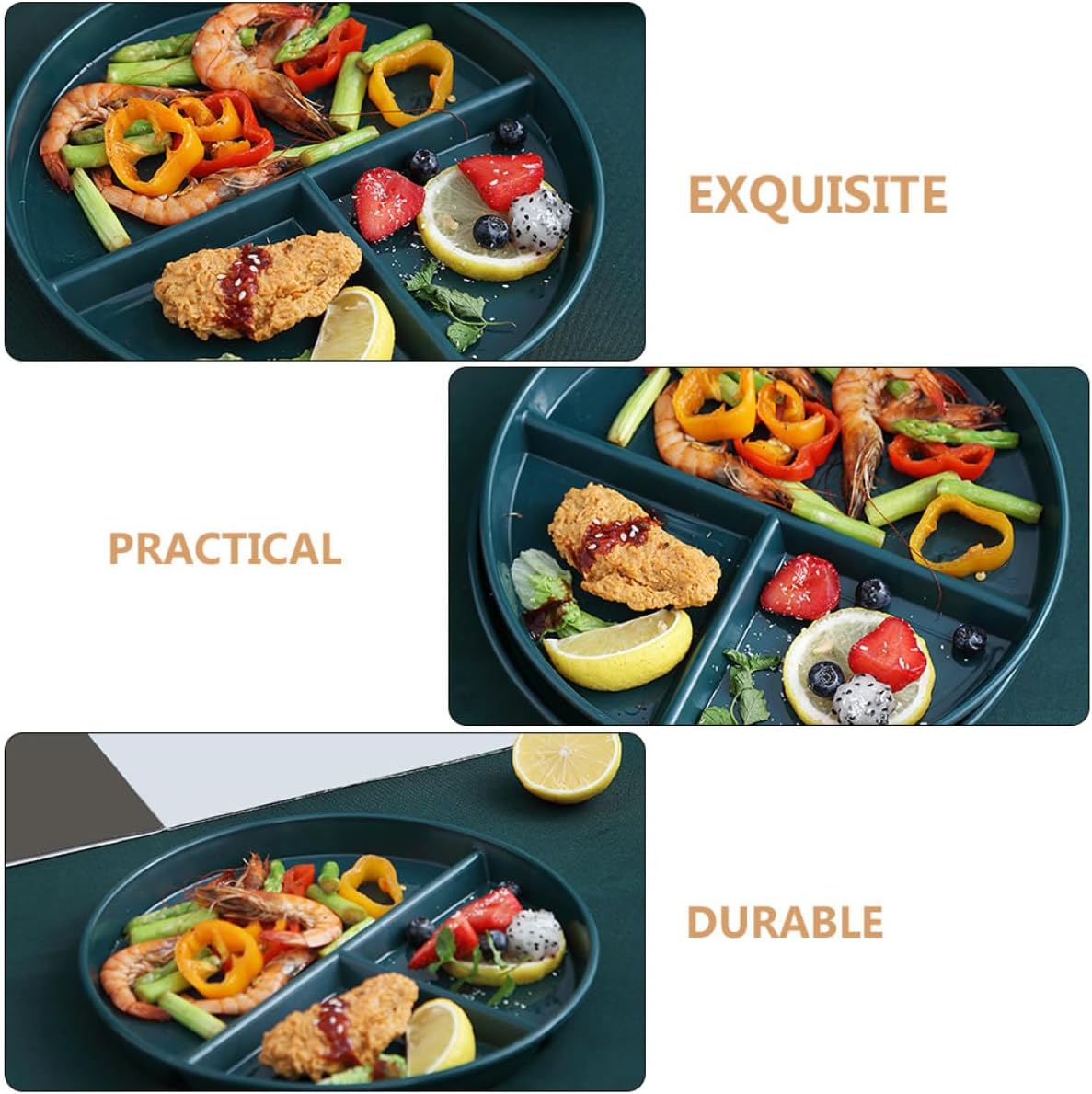 SHINEOFI Portion Control Plastic Dinner Plate, 3-compartment Green Pp Grid Tray, Food Portioning Dish for Healthy Meal Prep and Weight Management