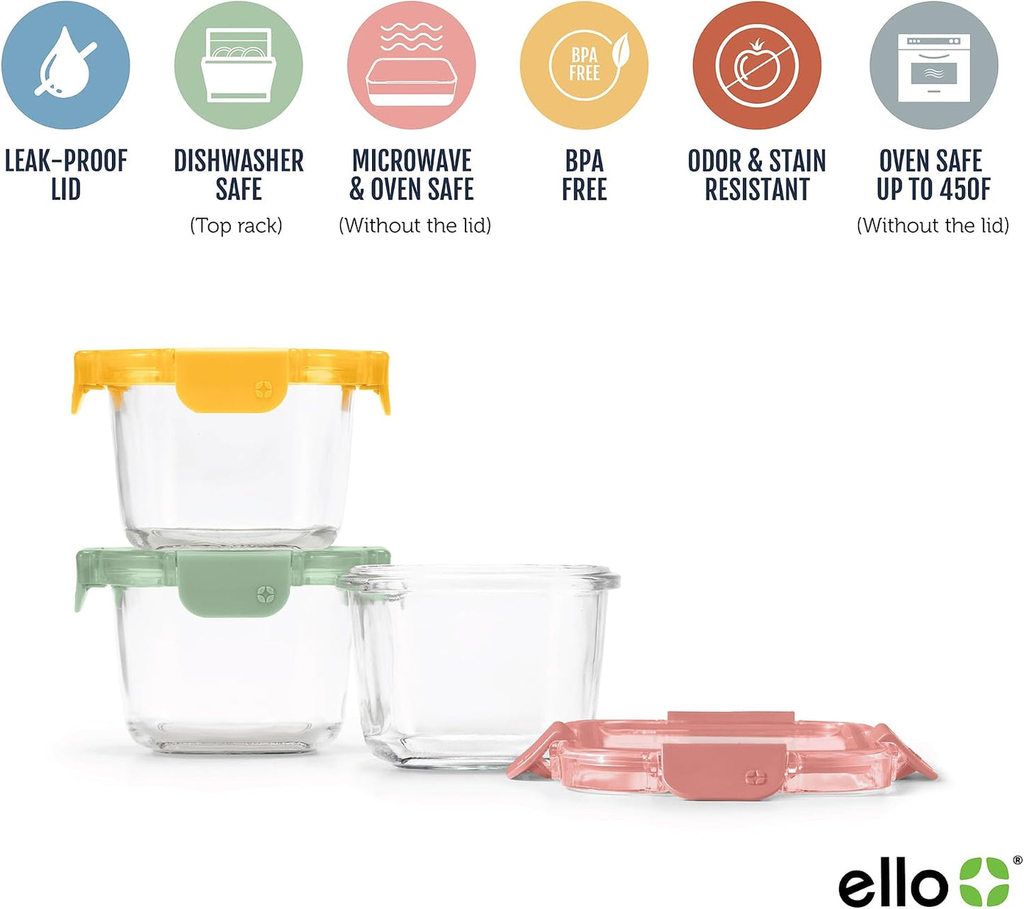 Ello Color Lock Glass Meal Prep Sets Leak-Proof Glass Food Storage Containers with Airtight BPA-Free Plastic Lids, Dishwasher, Microwave, and Freezer Safe