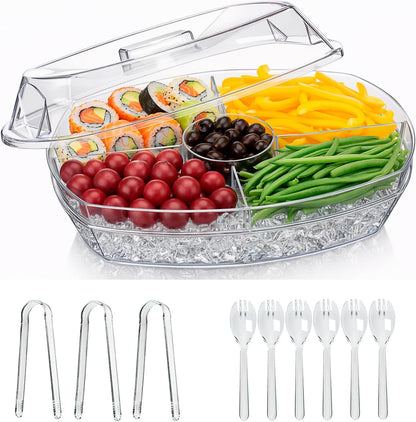 Chilled Serving Tray with Lid, 15” Large Fruit & Vegetable Platter Tray with Ice Compartment, Party Serving Platter with 6 Forks & 3 Tongs, Cold Food Serving Tray for Parties