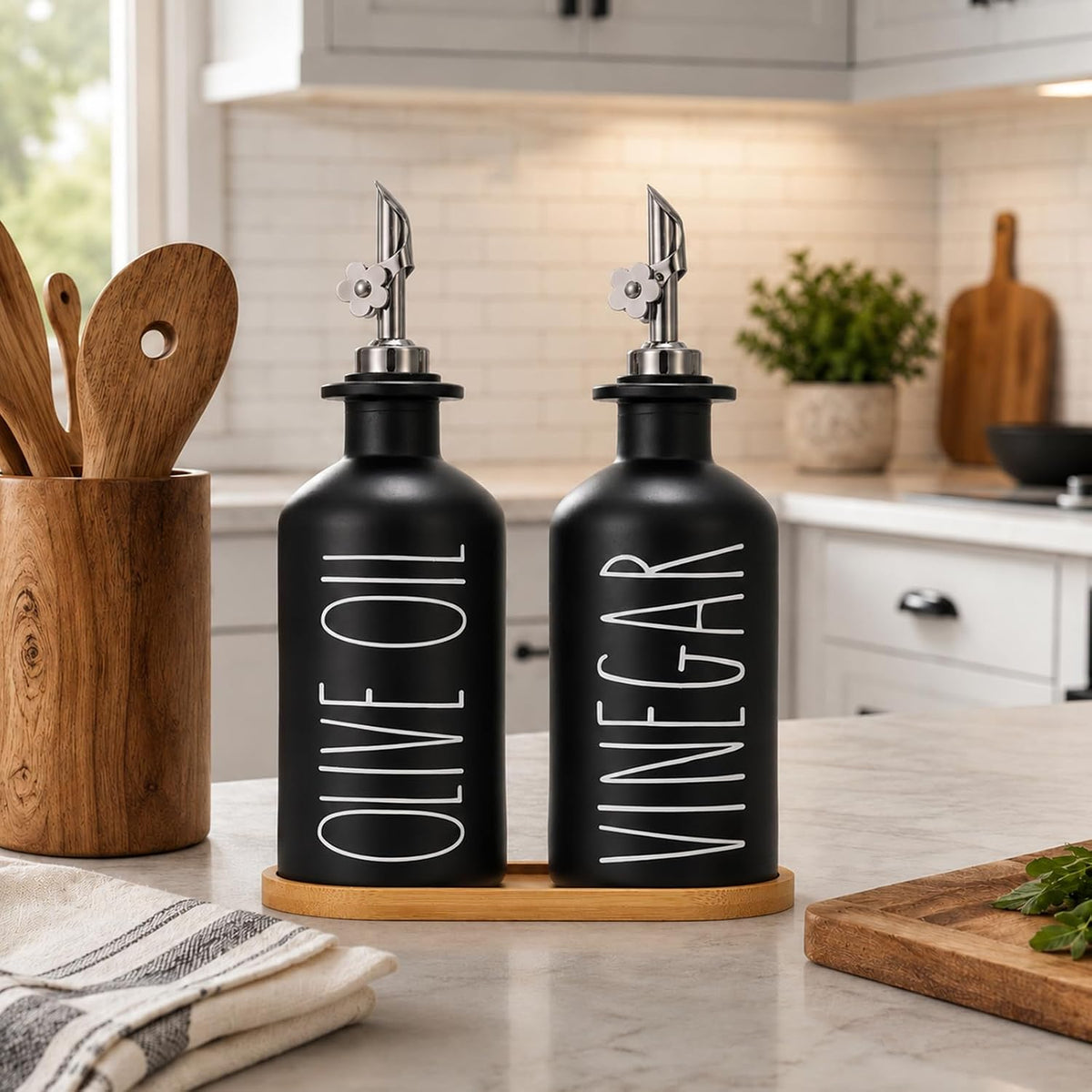 HOMCDALY Premium Olive Oil Dispenser for Kitchen, 11.8oz Glass Oil Bottles with Bamboo Tray, White Oil&Vinegar Cruet Set, Kitchen Dispenser Bottles with Pourer| Set of 2 (11.8oz –P–White)