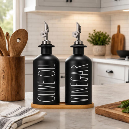HOMCDALY Premium Olive Oil Dispenser for Kitchen, 11.8oz Glass Oil Bottles with Bamboo Tray, White Oil&Vinegar Cruet Set, Kitchen Dispenser Bottles with Pourer| Set of 2 (11.8oz –P–White)