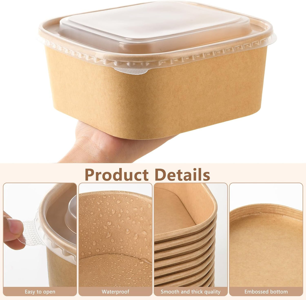 50 Sets 25oz Disposable Kraft Paper Bowls with Lids, Rectangle