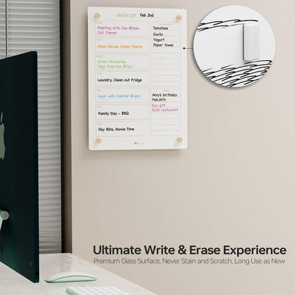 Clear Glass Weekly Dry Erase Calendar & Menu Non-Magnetic Whiteboard for Wall, Meal Plan & Grocery List White Board for Kitchen, 15x11, 7 Days Home Planner, 4 Wet Erase Markers Included, Yeoux