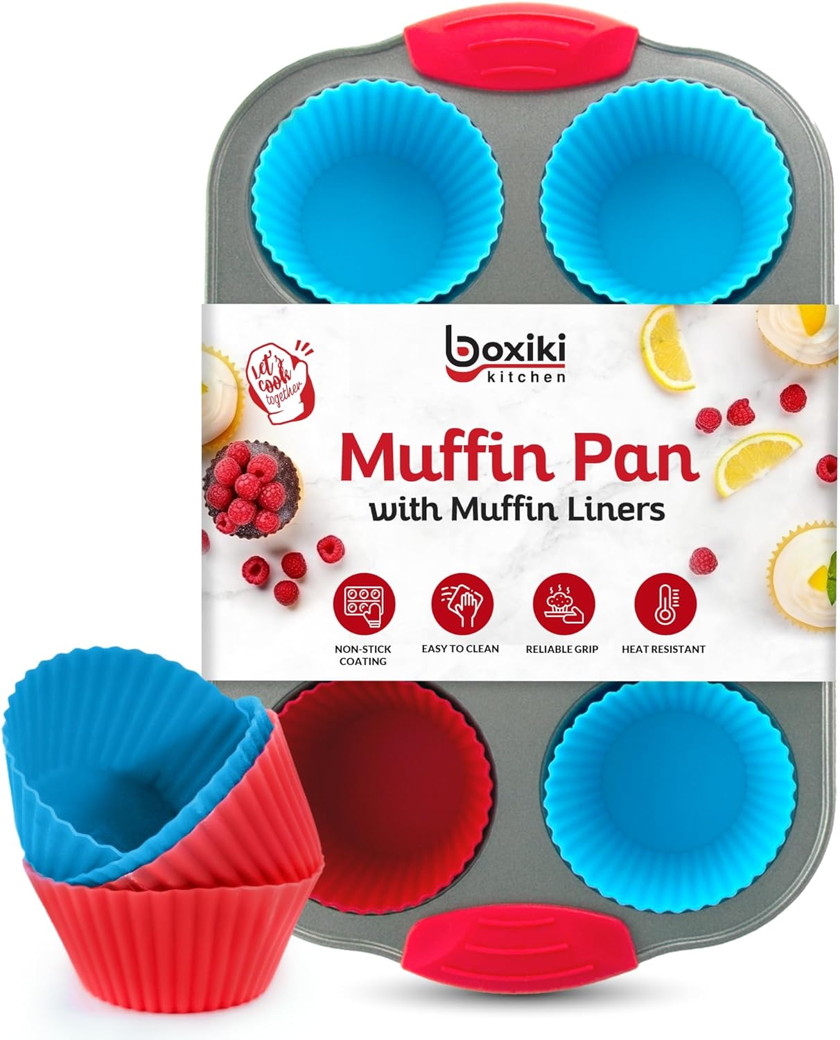 Boxiki Kitchen Non-Stick 12 Cup Silicone Muffin Pan with Steel Frame - BPA Free, Non-Toxic, Anti-Warp, Durable & Easy to Pop Silicone Muffin Tin - Perfect Cupcake Pan