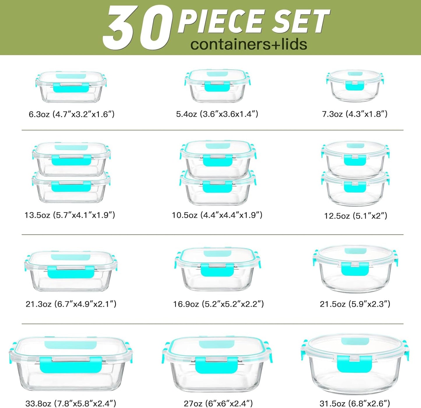 BAYZZ 30 Piece Glass Food Storage Containers Set, Glass Meal Prep Containers with Lids, Airtight Lunch Box, BPA-Free, Microwave, Freezer & Dishwasher Safe
