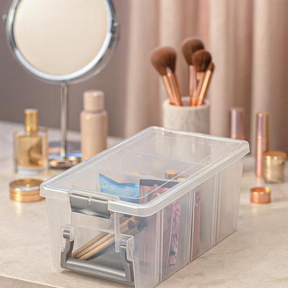 Best Kept Semi Satchel with Removable Dividers, Stackable Home Storage Organization Container, Clear with Sliver Latches and Handle