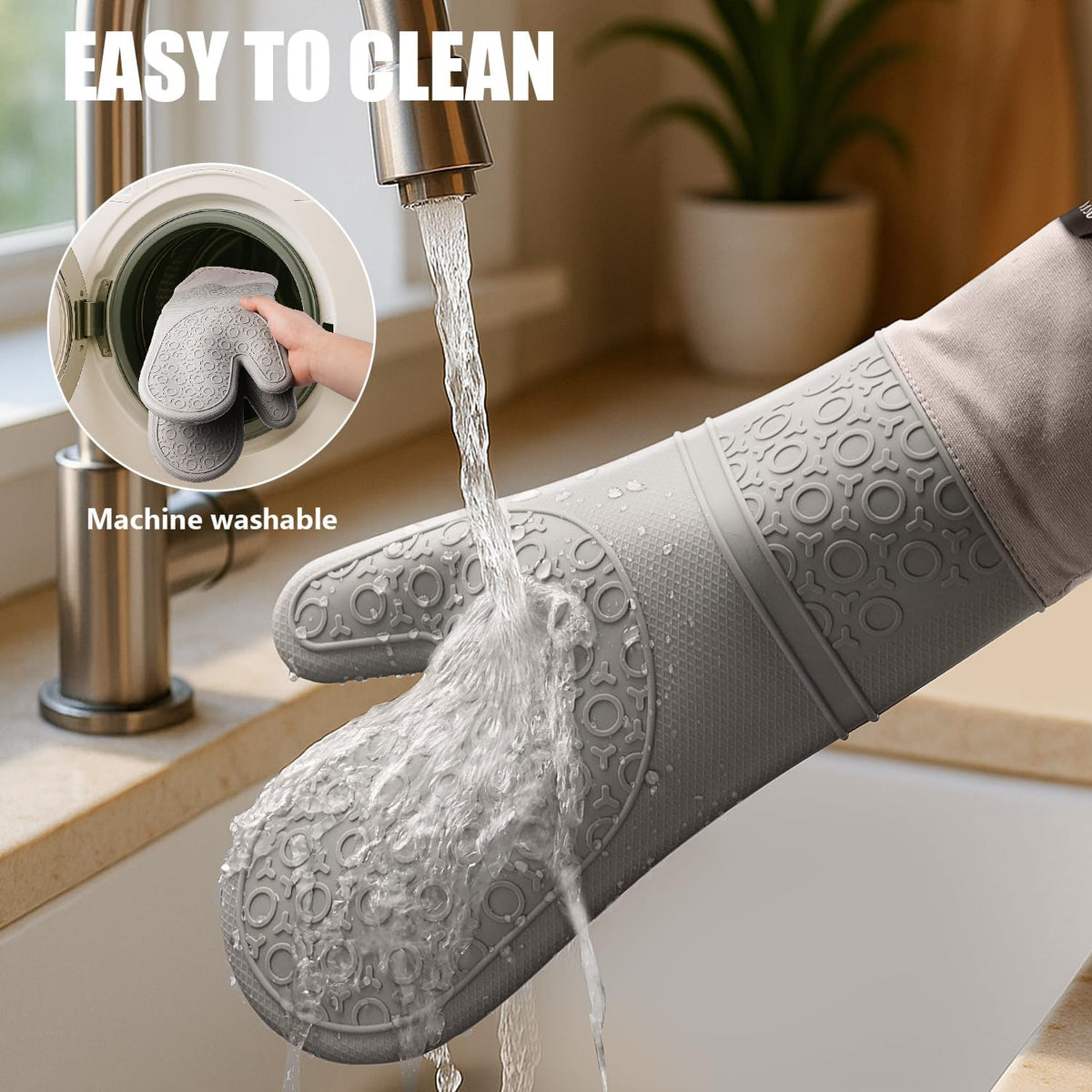 RORECAY Silicone Oven Mitts and Pot Holders Sets, Gloves for Kitchen, Beige